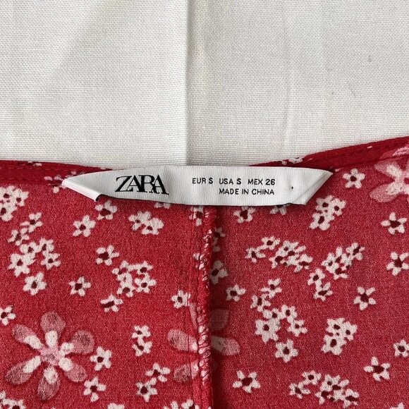 ZARA Women's Red Floral Print 3/4 Sleeve Ruffled Mini Dress - Picture 4 of 6